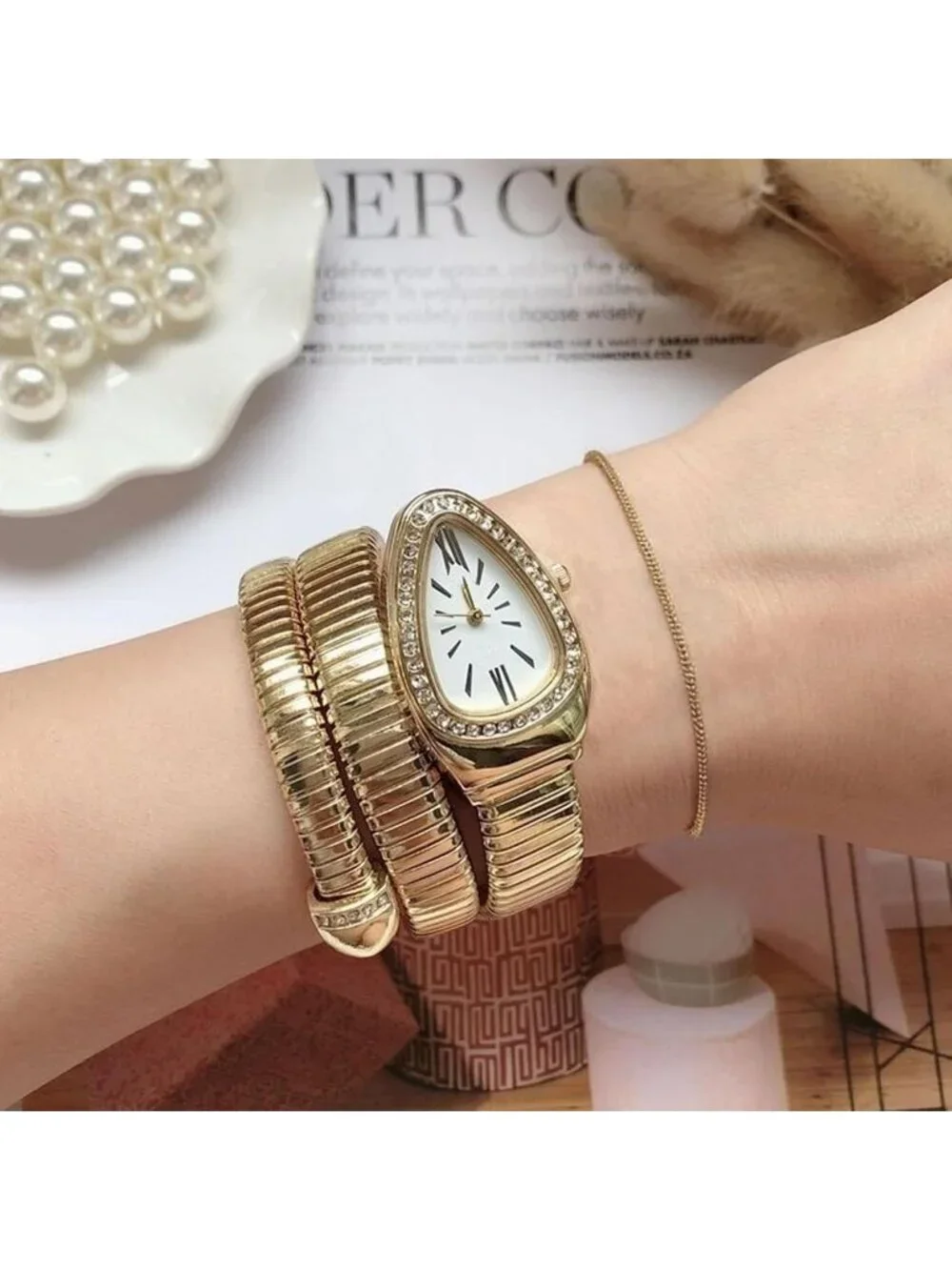 Women's White Analog Quartz Asymmetrical Snake Shape Bangle Fit Bracelet Watch